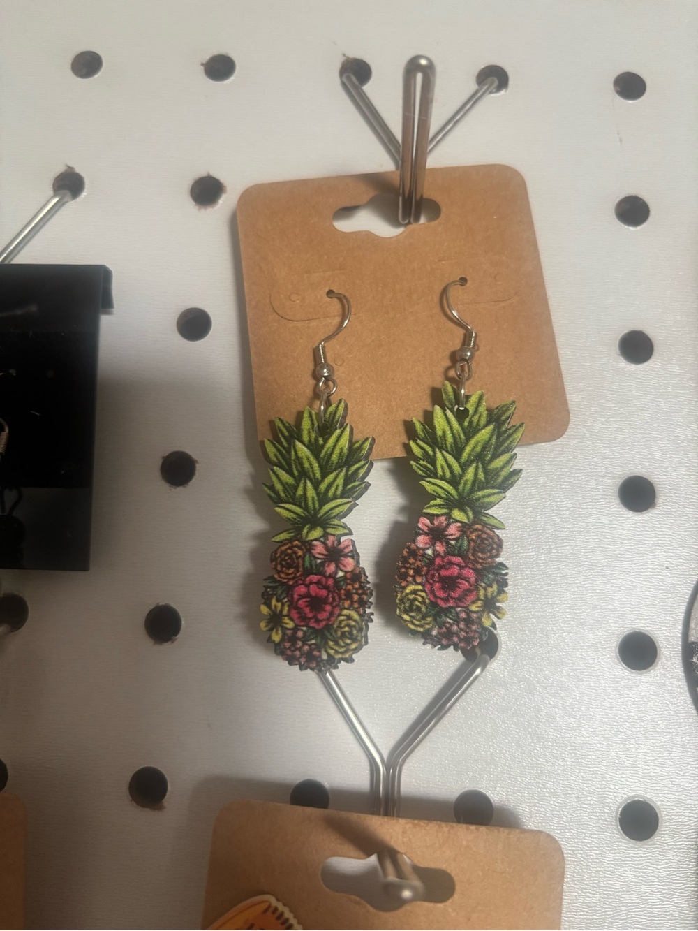 Tropical Pineapple Floral Drop Earrings - Green & Pink